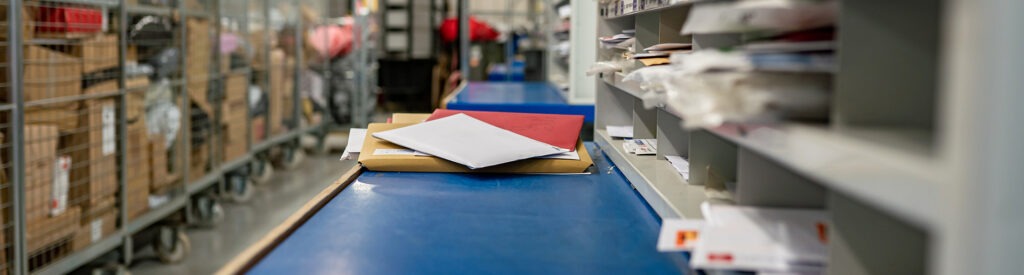 mail fulfilment with business letters being sorted on a conveyor belt